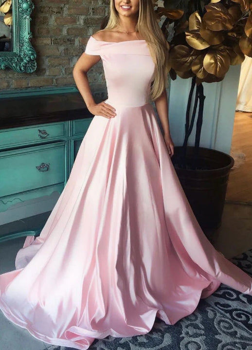 Simple pink satin long prom dress pink prom dress
