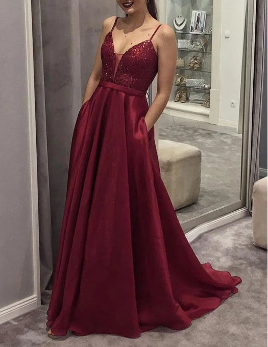 Simple v neck satin sequin long prom dress burgundy prom dress