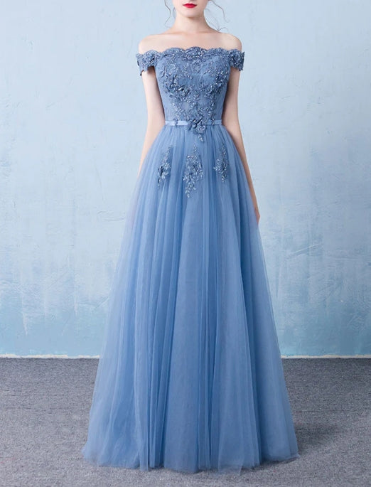 Blue off shoulder lace tulle long prom dress blue lace prom dress
