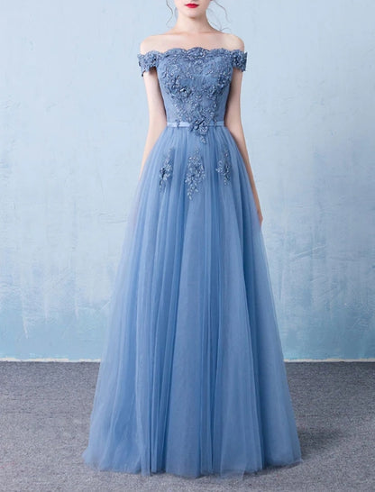 Blue off shoulder lace tulle long prom dress blue lace prom dress