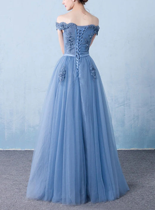Blue off shoulder lace tulle long prom dress blue lace prom dress