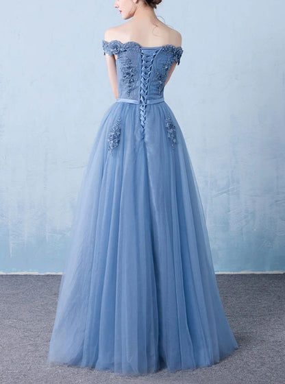 Blue off shoulder lace tulle long prom dress blue lace prom dress