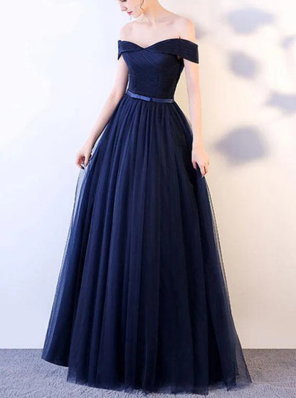 Simple sweetheart tulle dark blue long prom dress blue prom dress