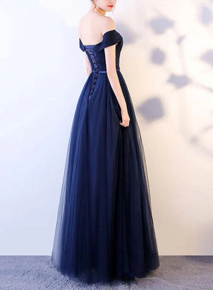Simple sweetheart tulle dark blue long prom dress blue prom dress