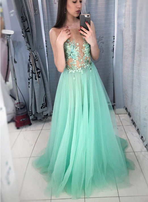Green round neck tulle lace applique long prom dress green prom dress