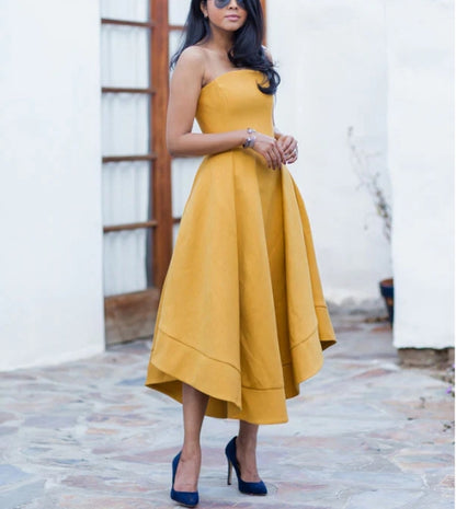 Simple yellow short prom dress satin yellow prom dress