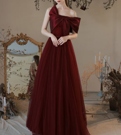 Burgundy Tulle Beading Strapless Bow Prom Dress