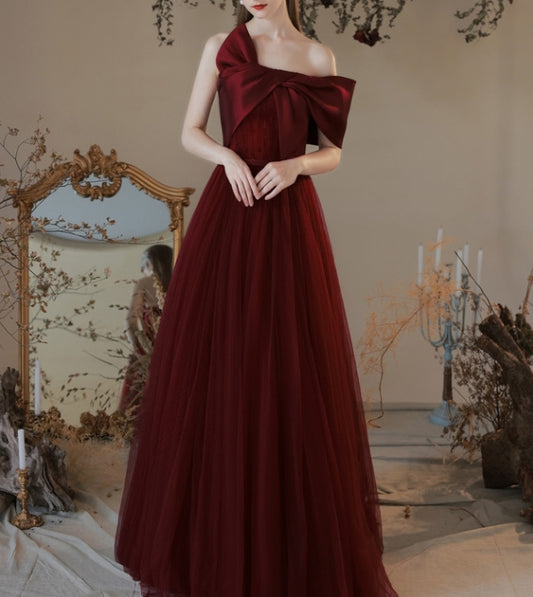 Burgundy Tulle Beading Strapless Bow Prom Dress