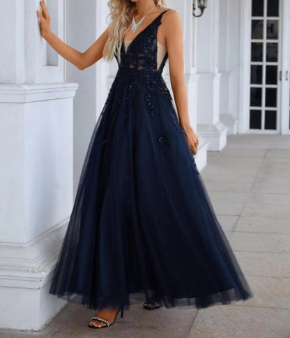 V Neck Tulle Embroidery Floor Mop Prom Dress
