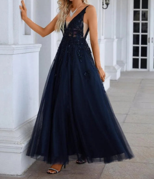 V Neck Tulle Embroidery Floor Mop Prom Dress