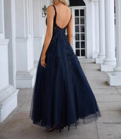 V Neck Tulle Embroidery Floor Mop Prom Dress
