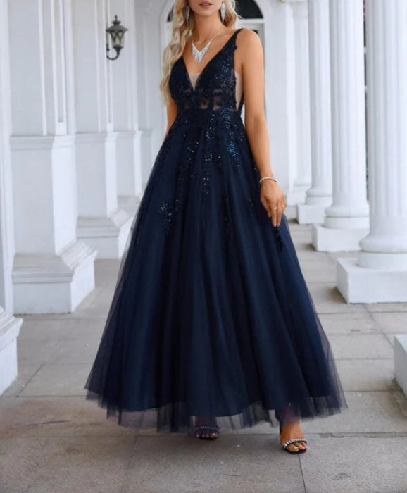 V Neck Tulle Embroidery Floor Mop Prom Dress