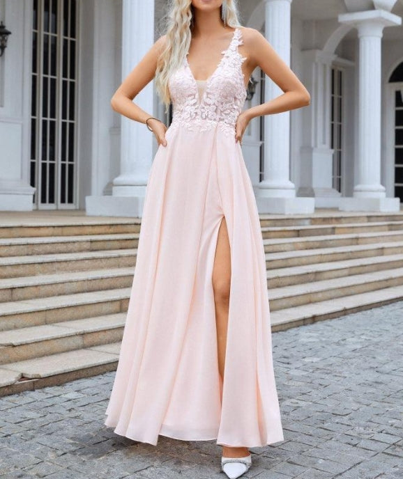 Ladies V Neck Front Slit Lace Spaghetti Strap Chiffon Prom Dress Evening Dress