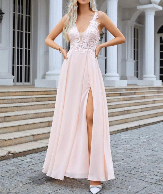 Ladies V Neck Front Slit Lace Spaghetti Strap Chiffon Prom Dress Evening Dress