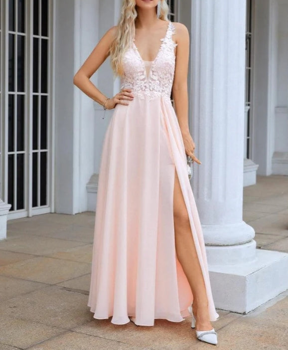 Ladies V Neck Front Slit Lace Spaghetti Strap Chiffon Prom Dress Evening Dress