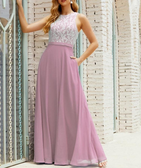 Lace Prom Dress Floor Length Evening Gowns with Pockets