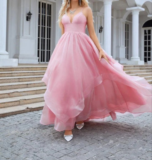 Organza V Neck Corset Puffy Floor Length Evening Dress Beach Prom Dress