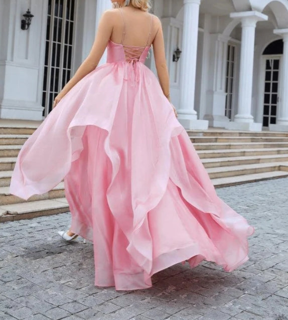 Organza V Neck Corset Puffy Floor Length Evening Dress Beach Prom Dress