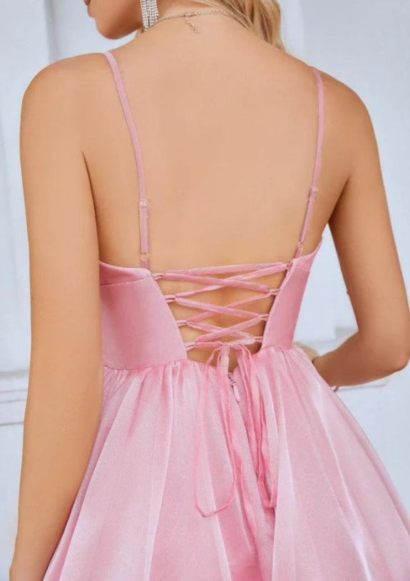 Organza V Neck Corset Puffy Floor Length Evening Dress Beach Prom Dress