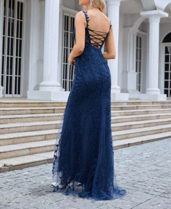 Ladies Spaghetti Strap Embroidery Front Slit Length Prom Dress Evening Dress Party Dress