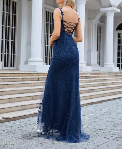 Ladies Spaghetti Strap Embroidery Front Slit Length Prom Dress Evening Dress Party Dress