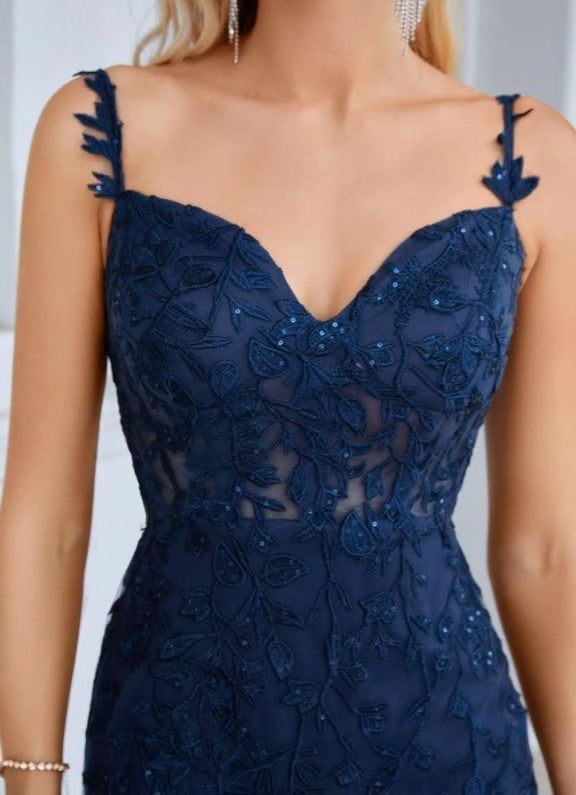 Ladies Spaghetti Strap Embroidery Front Slit Length Prom Dress Evening Dress Party Dress