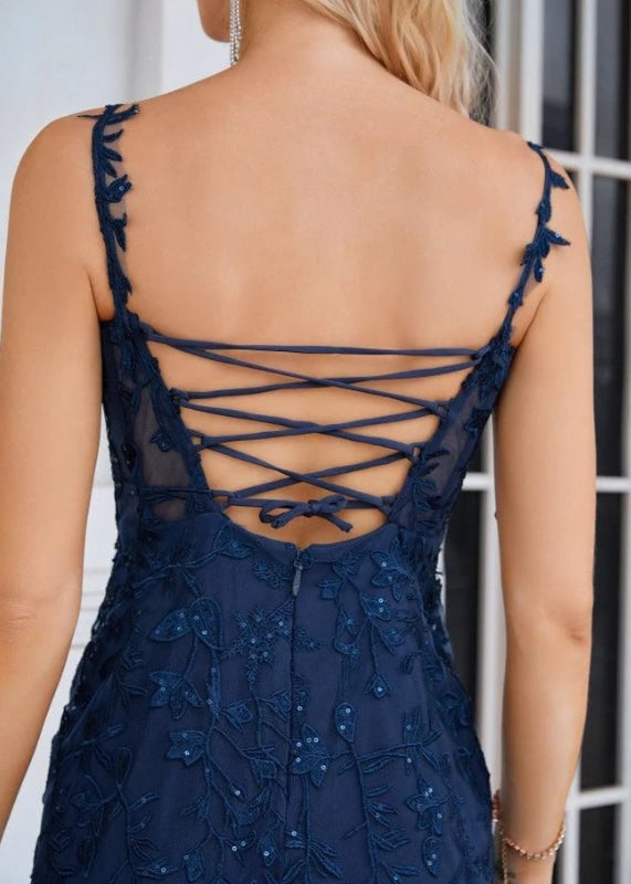 Ladies Spaghetti Strap Embroidery Front Slit Length Prom Dress Evening Dress Party Dress