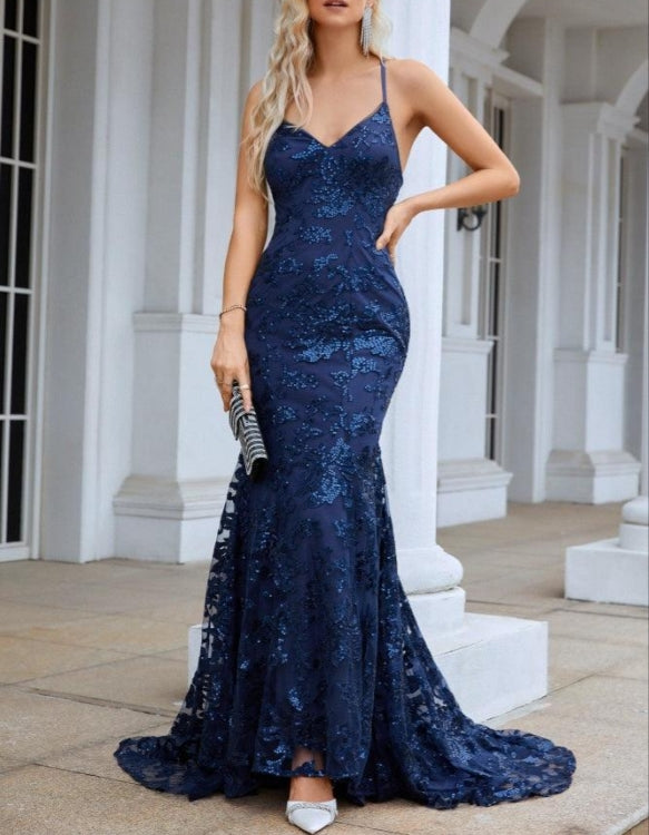 Ladies Spaghetti Strap Embroidery V Neck Mermaid Long Dress Prom Evening Dress