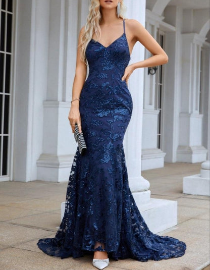 Ladies Spaghetti Strap Embroidery V Neck Mermaid Long Dress Prom Evening Dress