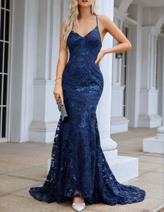 Ladies Spaghetti Strap Embroidery V Neck Mermaid Long Dress Prom Evening Dress
