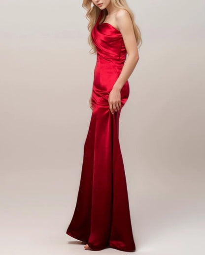 Sexy One Shoulder Pleated Bodice Mermaid Silky Satin Prom Dress