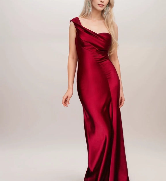 Sexy One Shoulder Pleated Bodice Mermaid Silky Satin Prom Dress