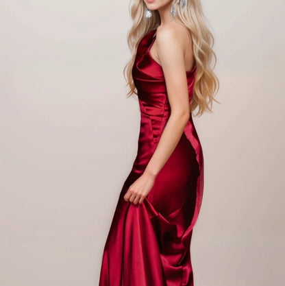 Sexy One Shoulder Pleated Bodice Mermaid Silky Satin Prom Dress