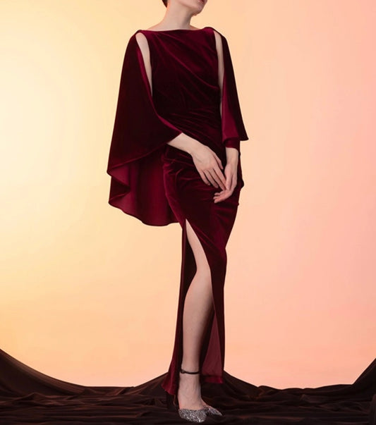 Ruffled Cape low back Pencil skirt sheath Velvet Prom Dress