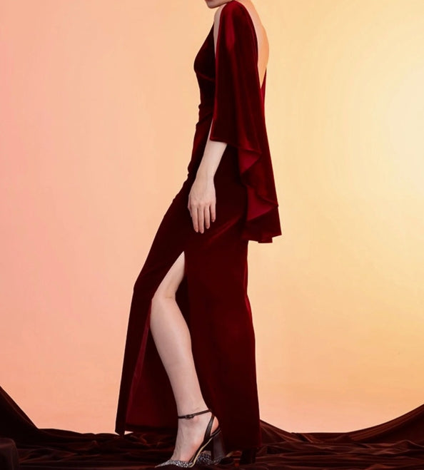 Ruffled Cape low back Pencil skirt sheath Velvet Prom Dress