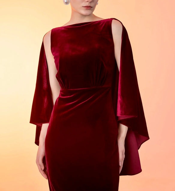 Ruffled Cape low back Pencil skirt sheath Velvet Prom Dress