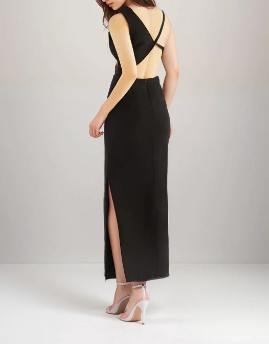 Asymmetrical geometric concept back satin prom dress