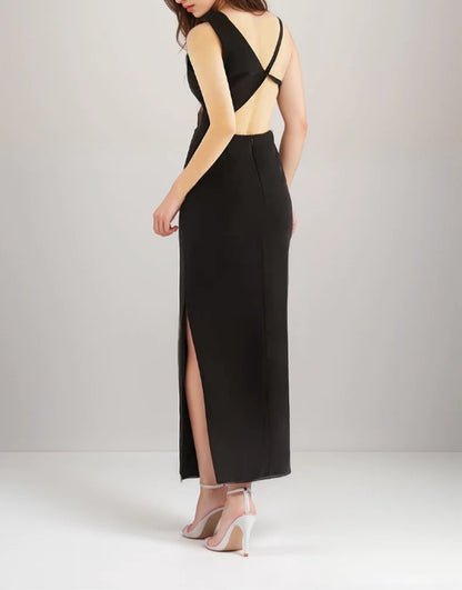 Asymmetrical geometric concept back satin prom dress