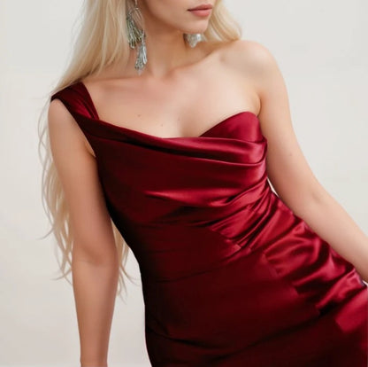 Sexy one shoulder pleated bodice mermaid silky satin prom dress