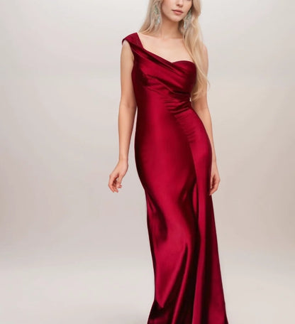 Sexy one shoulder pleated bodice mermaid silky satin prom dress