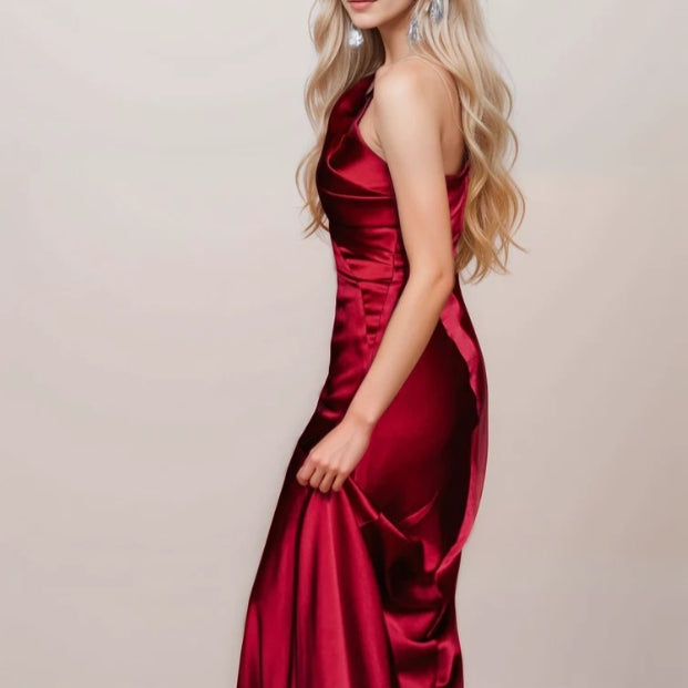 Sexy one shoulder pleated bodice mermaid silky satin prom dress