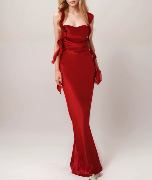 Sexy ruffled straps tie back pleated bodice sheath silky satin prom dress
