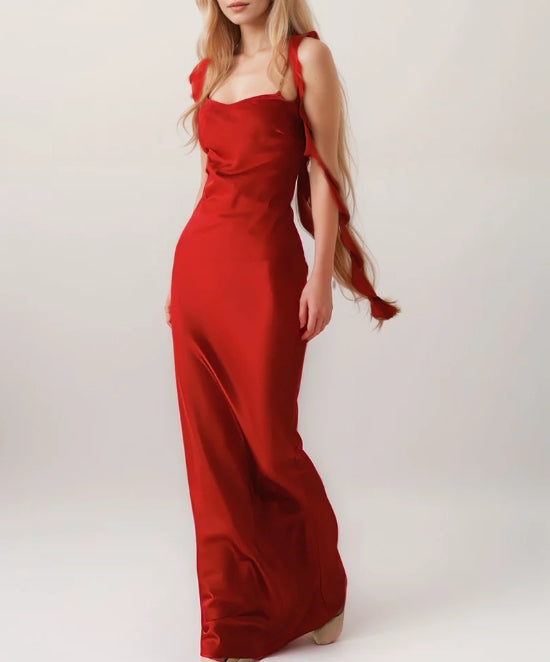 Sexy ruffled straps tie back pleated bodice sheath silky satin prom dress