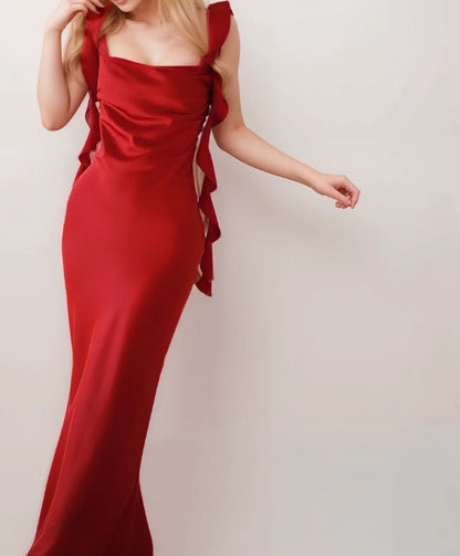 Sexy ruffled straps tie back pleated bodice sheath silky satin prom dress