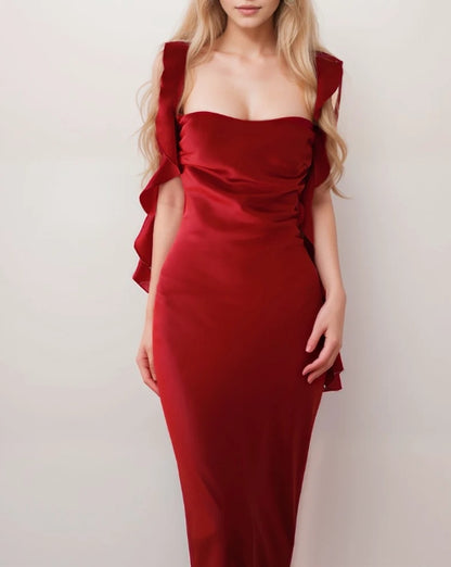Sexy ruffled straps tie back pleated bodice sheath silky satin prom dress