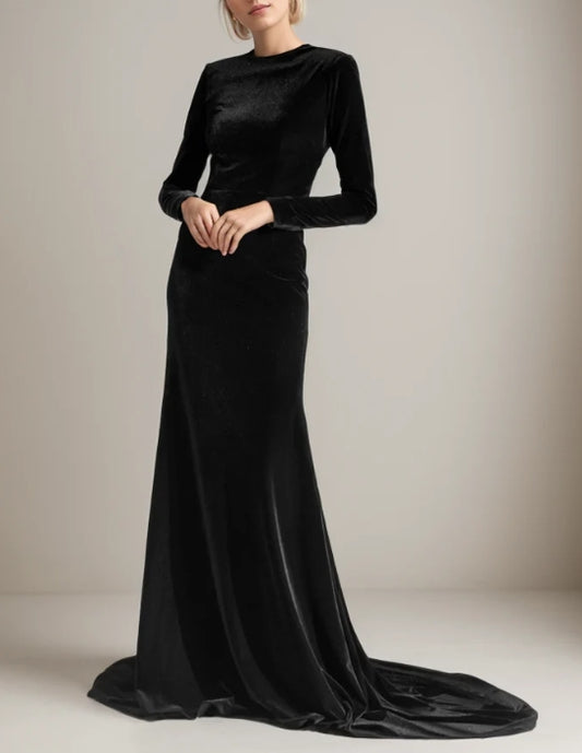 Elegant Long sleeves Boat Neck crisscross Back Velvet Dress with Train