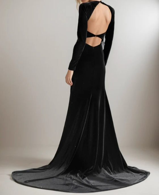 Elegant Long sleeves Boat Neck crisscross Back Velvet Dress with Train