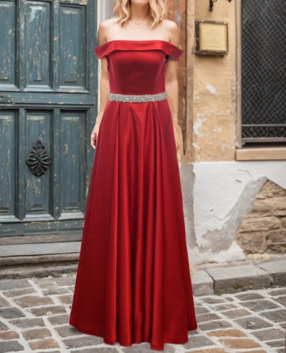Off-shoulder Ruby Red A-line Japanese Soft Satin Prom Dress with Crystal Beaded Sash