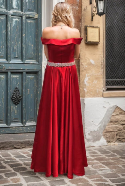 Off-shoulder Ruby Red A-line Japanese Soft Satin Prom Dress with Crystal Beaded Sash