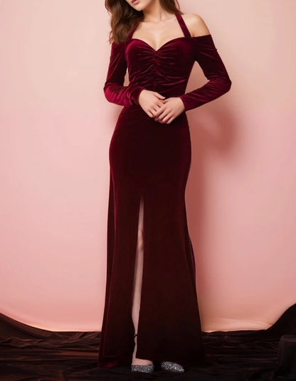 Off-the-shoulder Halter Long Sleeves sheath Prom Velvet Dress front slit